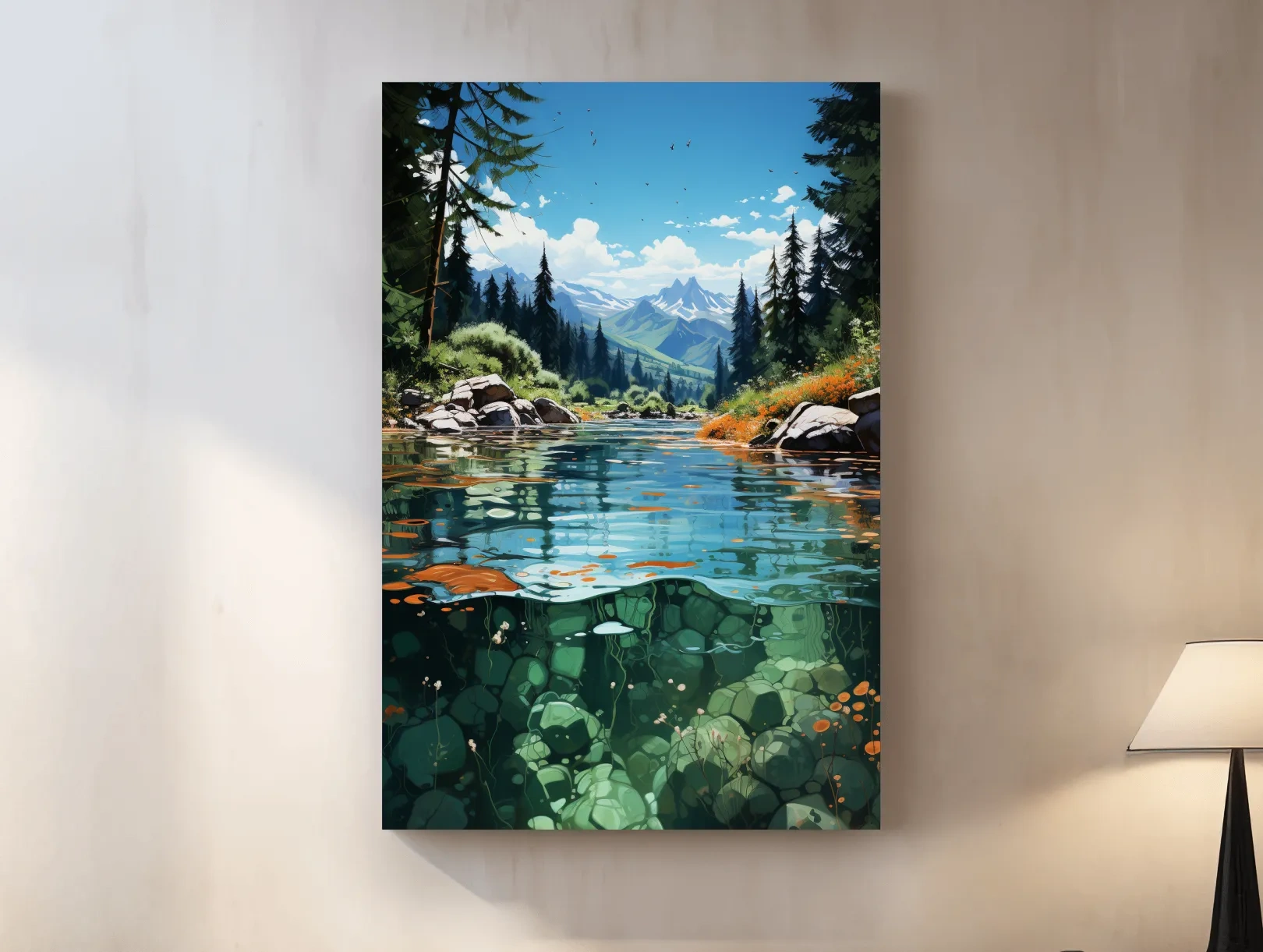 Illustration art of an alpine stream in summer