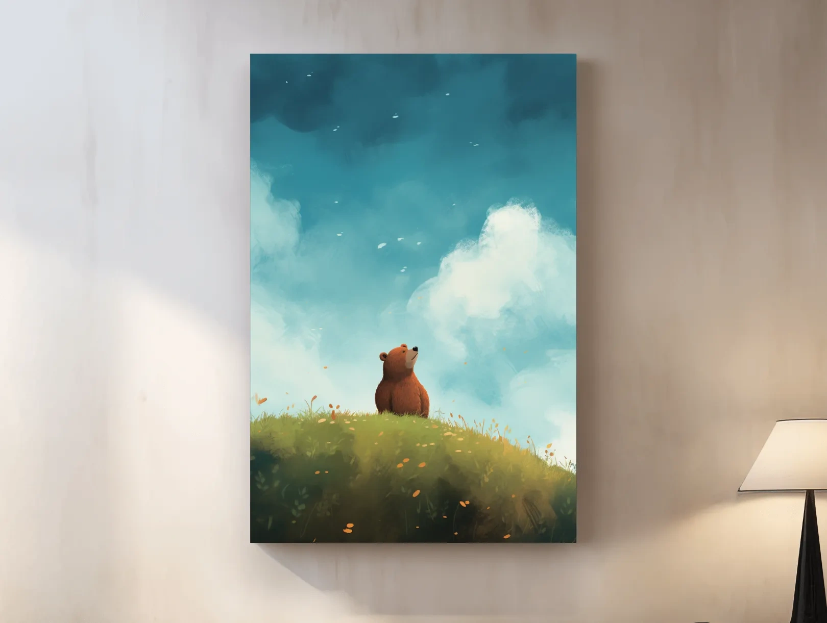 Whimsical Bear Cub Meadow Illustration - Cute Woodland Nursery Wall Art