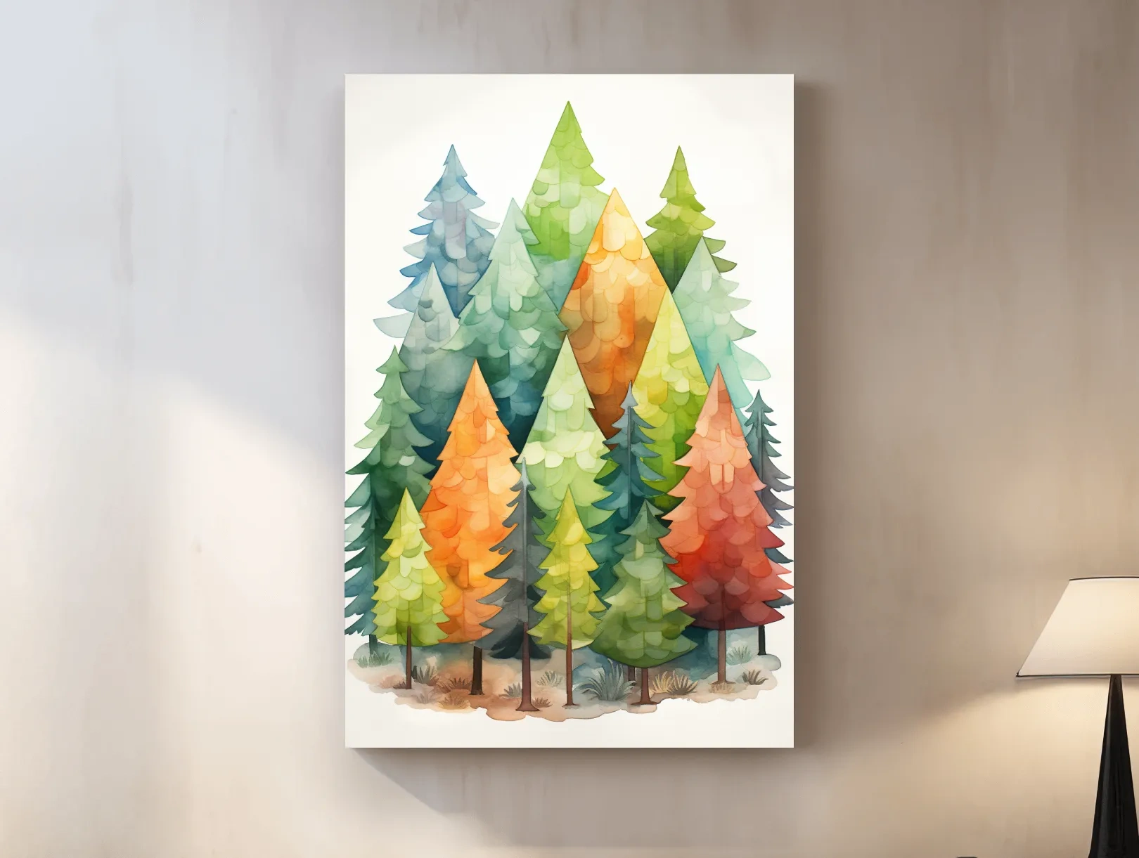 Whimsical Watercolor Pine Forest Illustration - Colorful Scandinavian Nature Wall Art