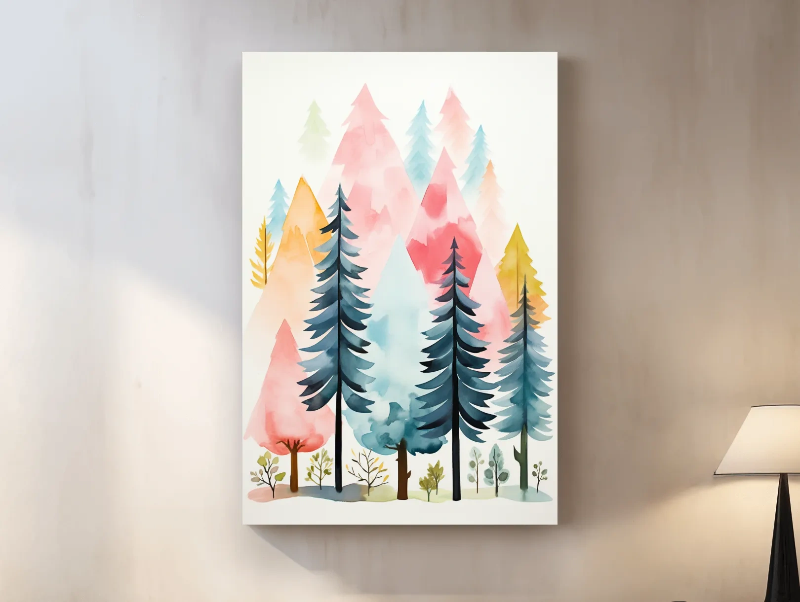Pastel Watercolor Pine Forest - Colorful Scandinavian Nature Wall Art
