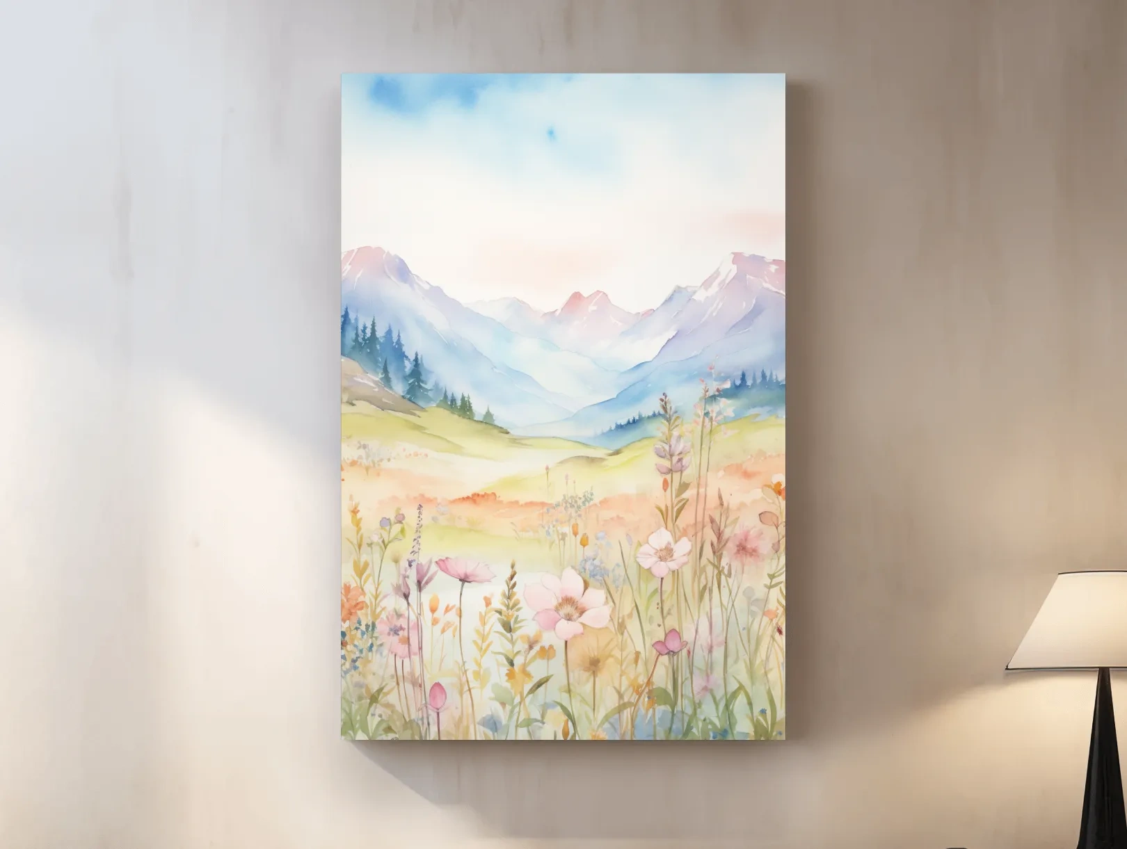 Pastel Watercolor Wildflower Meadow Mountains - Serene Floral Alpine Wall Art