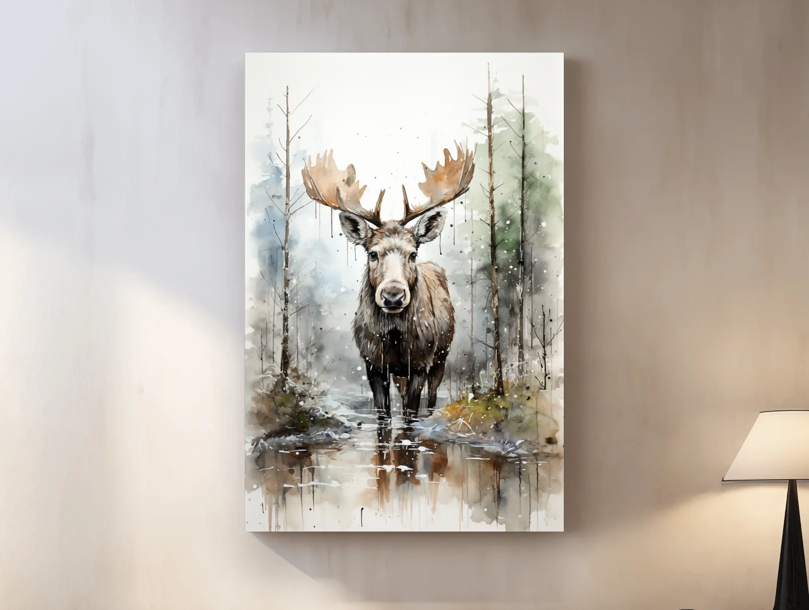 Watercolor Moose In Misty Forest - Rustic Woodland Wildlife Painting Wall Art