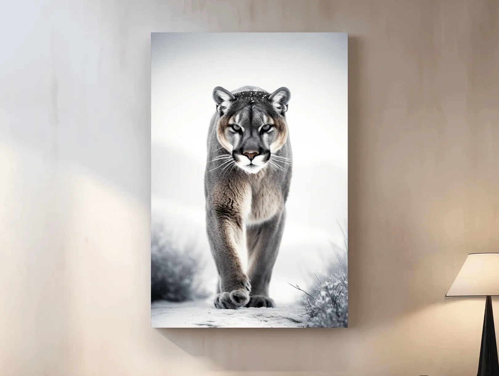 Snowy Cougar Close Up Wildlife Portrait - Winter Nature Wall Art