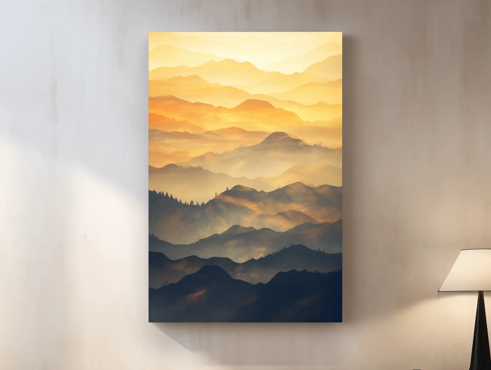 Golden Misty Mountain Ranges Landscape - Serene Layered Sunrise Artwork