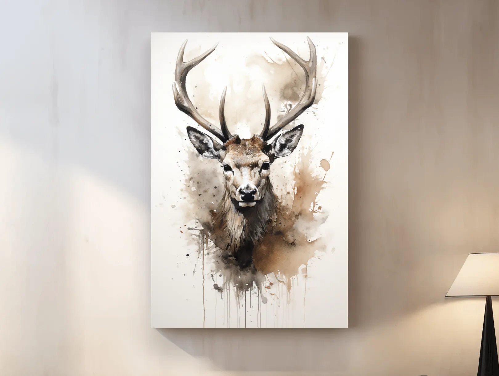 Splattered watercolour painting of a deers head