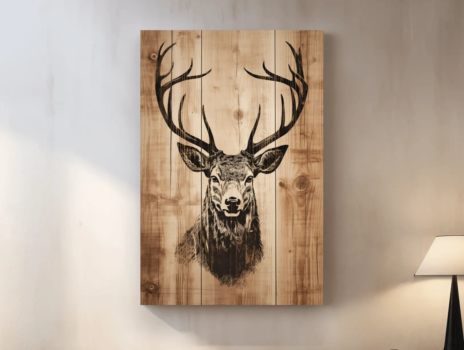 Rustic Deer Head Woodburn Style Portrait - Lodge Cabin Wildlife Wall Art