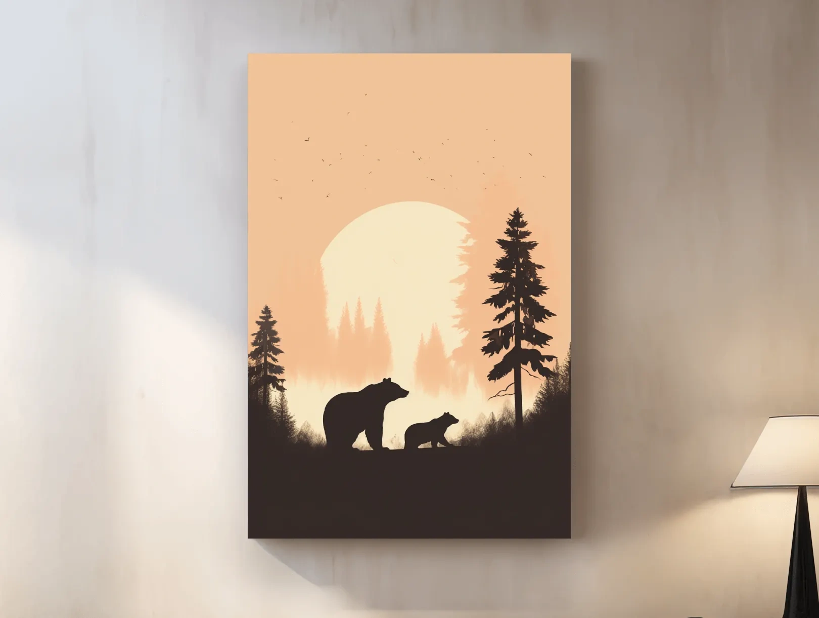 Momma Bear & Cub Silhouettes At Sunset - Minimalist Forest Wildlife Wall Art