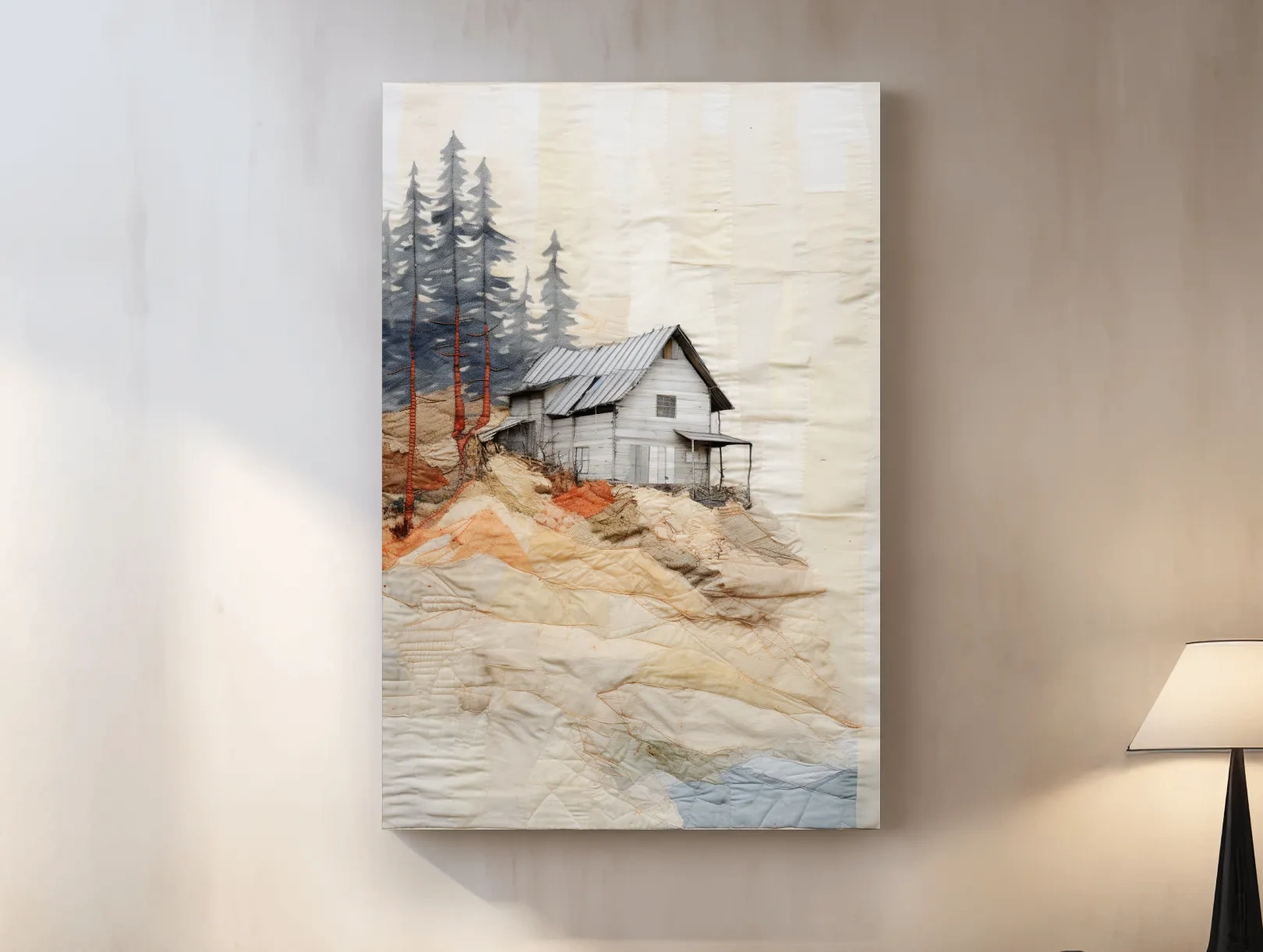 Rustic Hillside Cabin Quilt Collage - Patchwork Effect Forest Landscape Wall Art