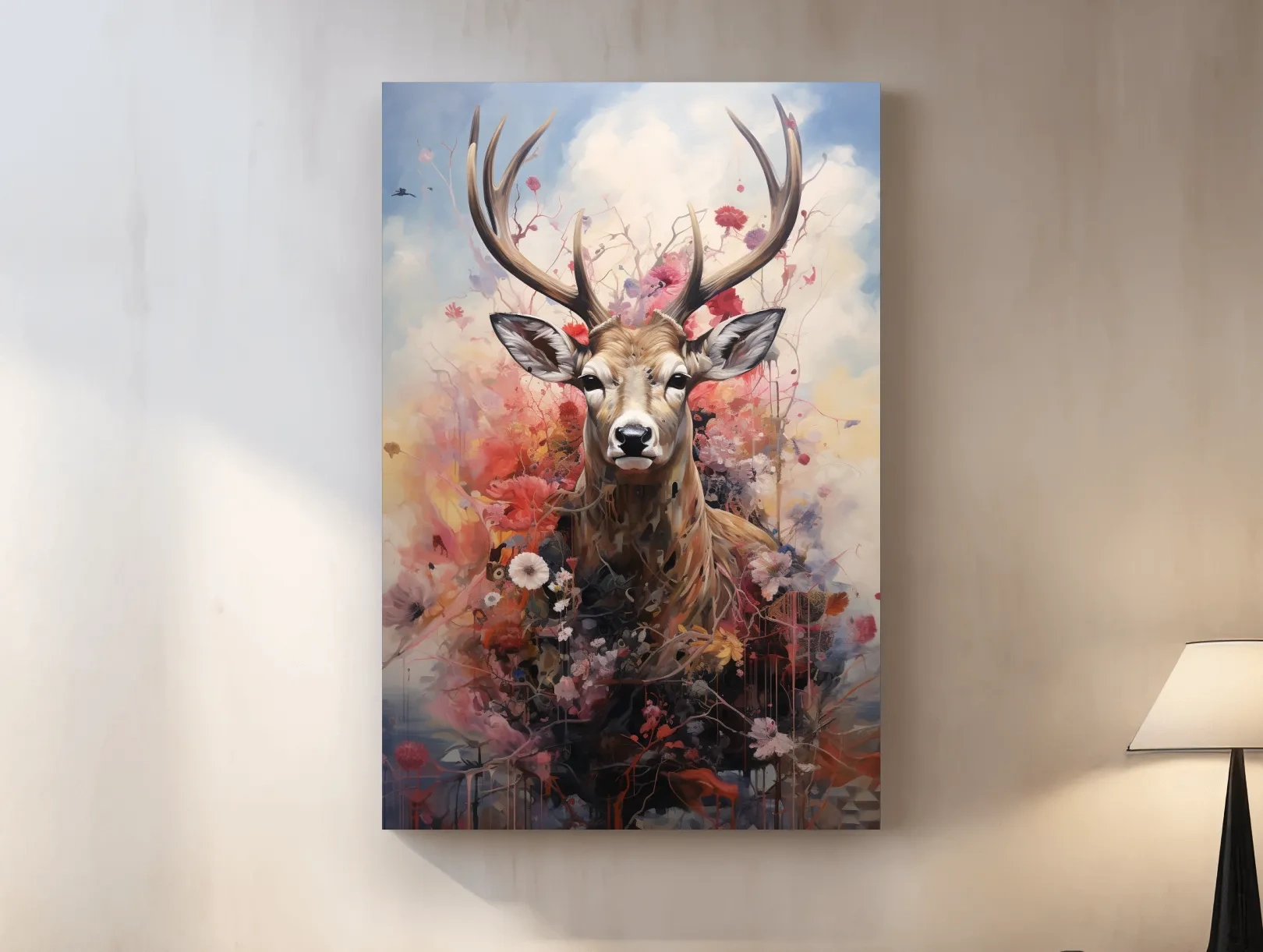 Painting of a deer head wrapped in flowers