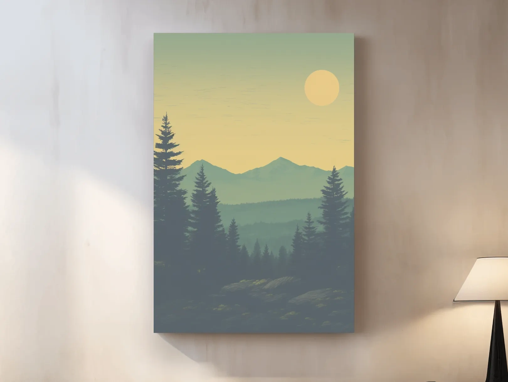Minimalist Hazy Mountain Sunrise Landscape - Serene Alpine Forest Wall Art