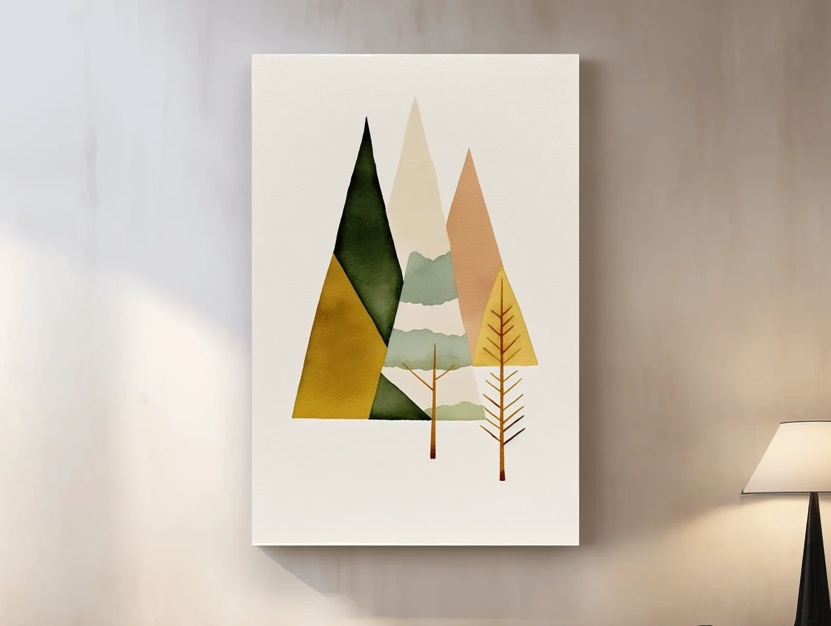 Minimalist Scandinavian Geometric Mountains - Modern Watercolor Forest Landscape Wall Art