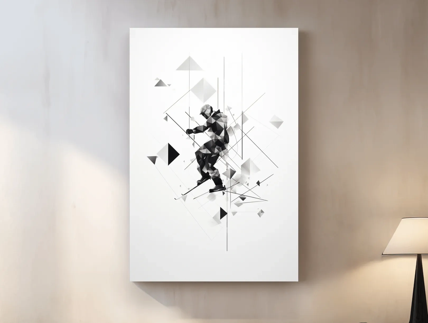 Monochrome Geometric Skier Silhouette - Abstract Winter Sports Wall Art
