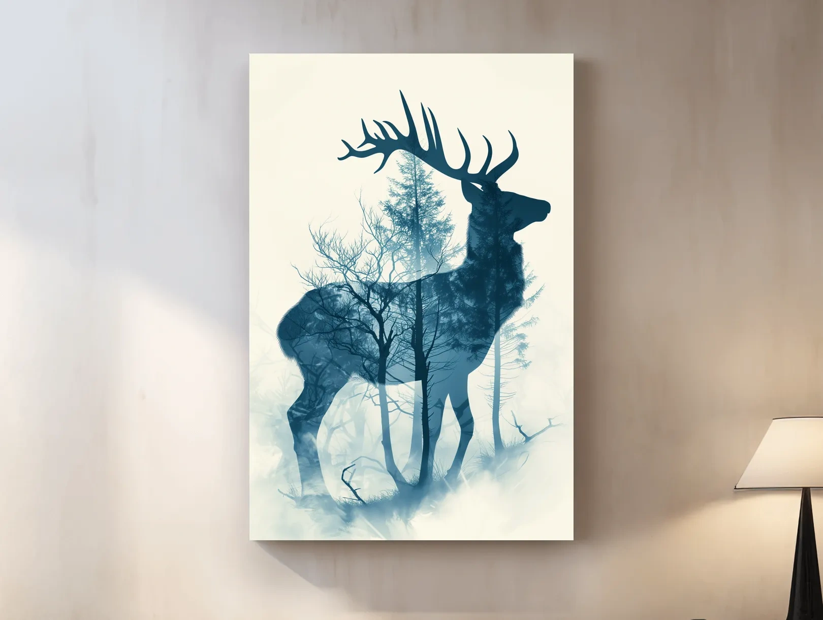 Moody Double Exposure Stag Silhouette - Misty Forest Wildlife Wall Art