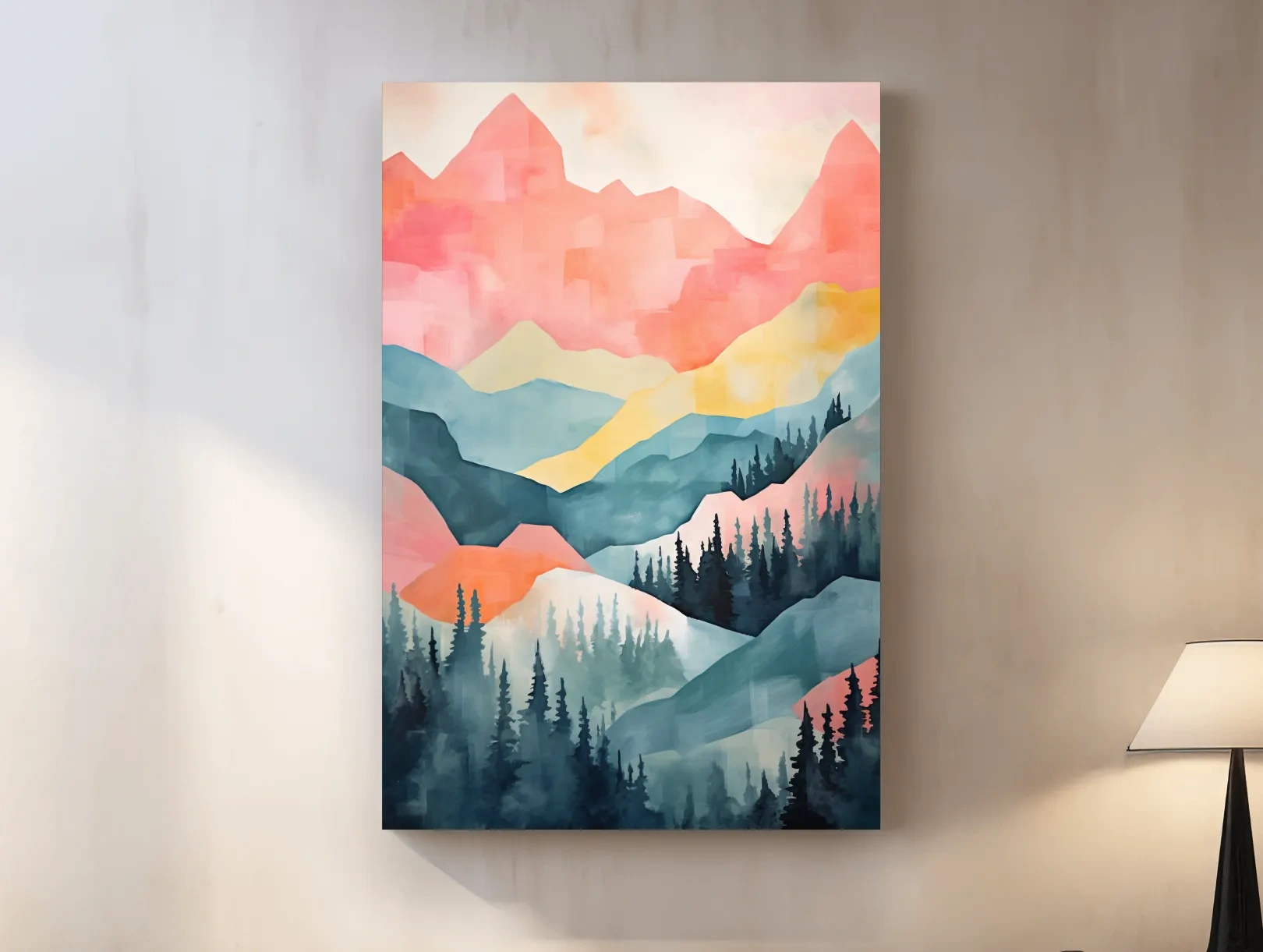 Abstract Watercolor Mountain Sunrise Landscape - Pastel Alpine Forest Wall Art