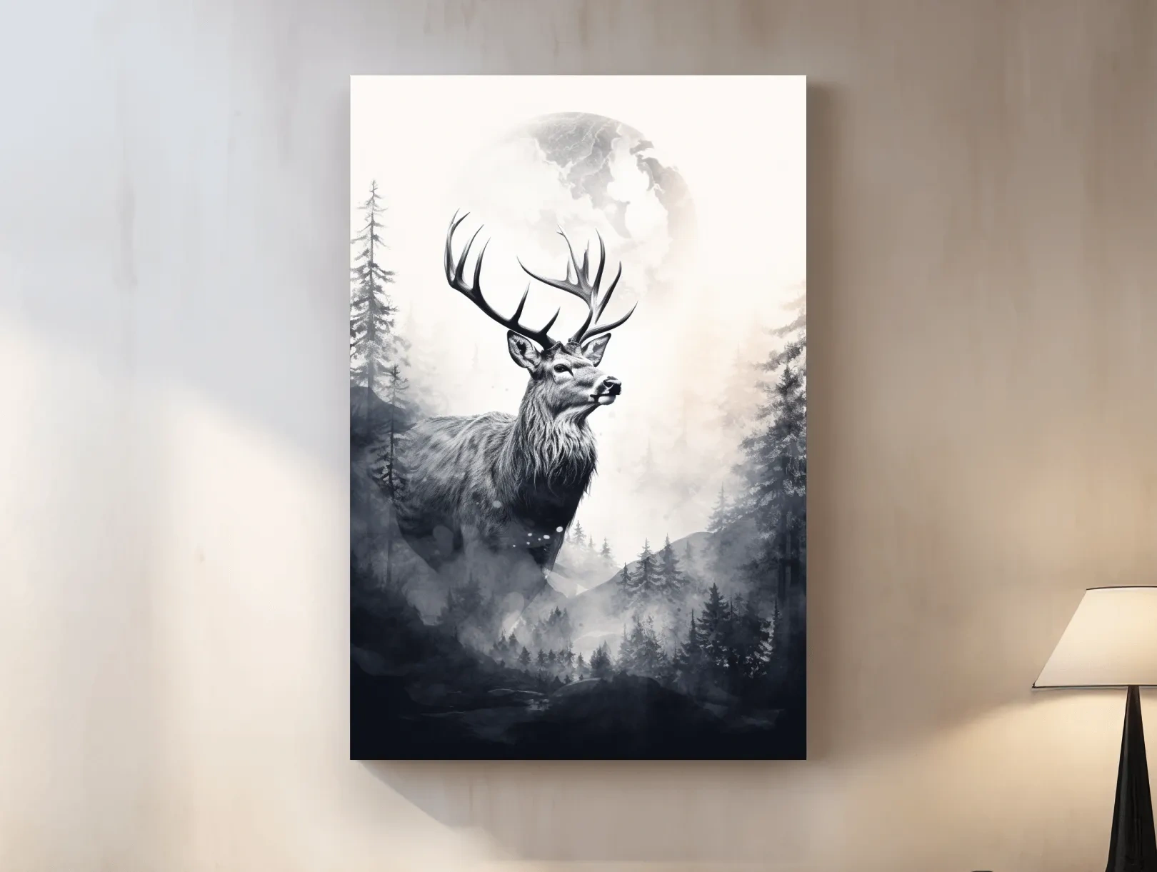 Majestic Stag In Misty Moonlit Forest - Double Exposure Wildlife Wall Art