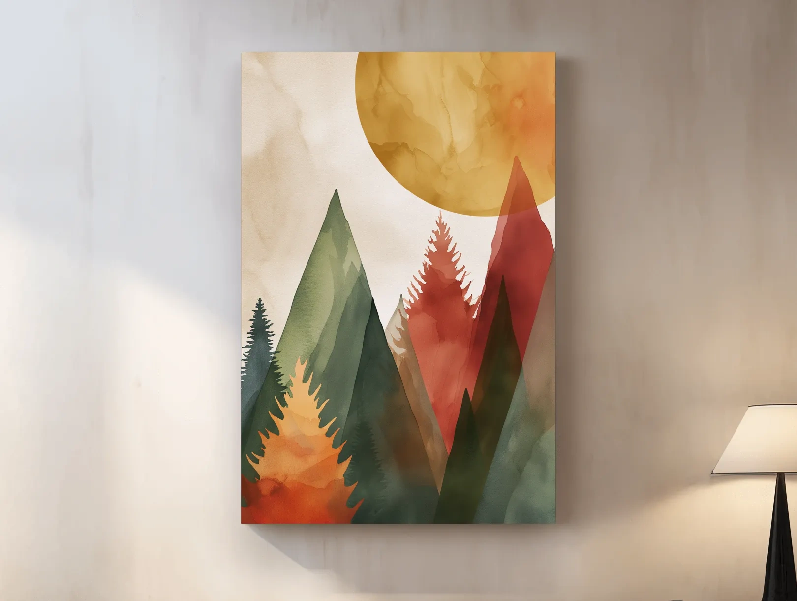 Rustic Watercolor Mountain Forest Sunrise - Modern Minimalist Wall Art