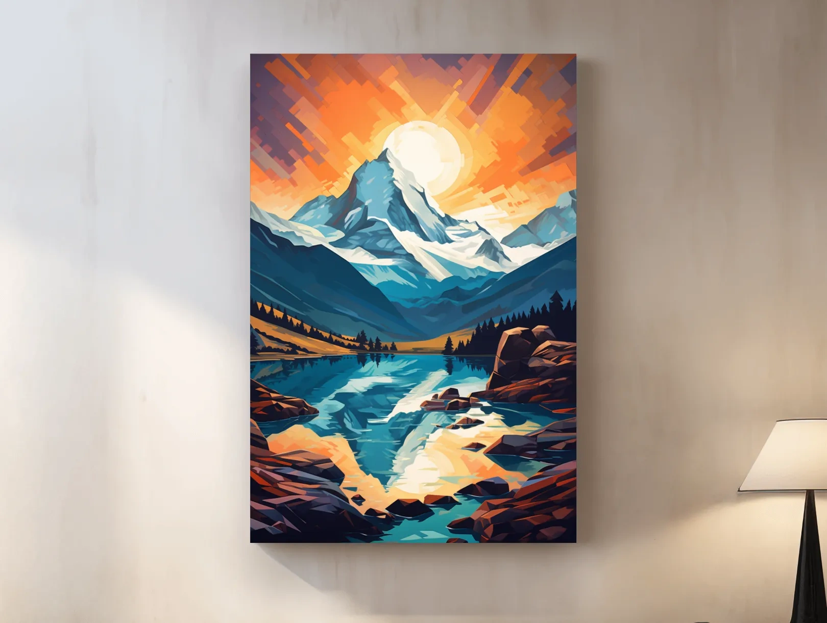 Sunset over the alpine glaciers, vector mountain art