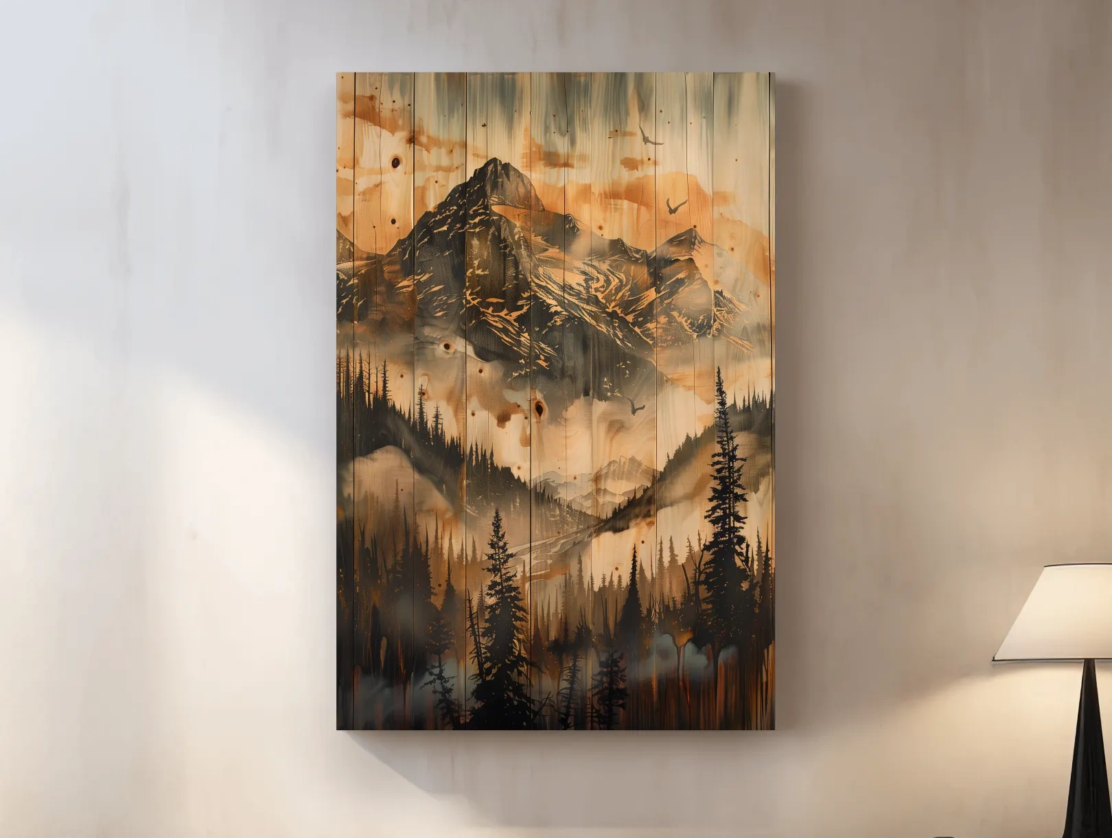 Rustic Woodgrain Mountain Landscape Painting - Sepia Misty Pine Forest Wall Art