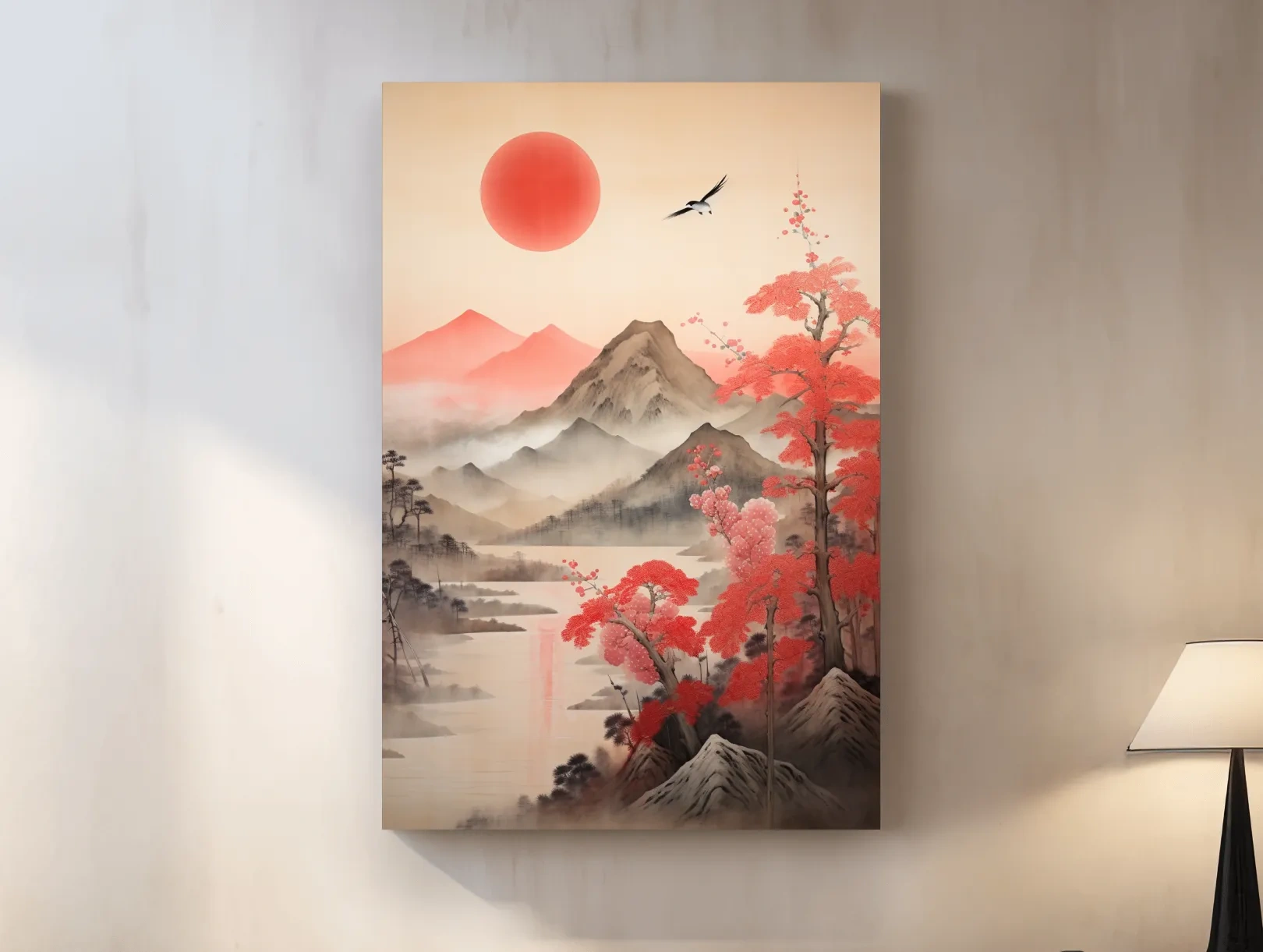 Japanese Ink Wash Mountain Sunrise - Sakura Cherry Blossom Wall Art