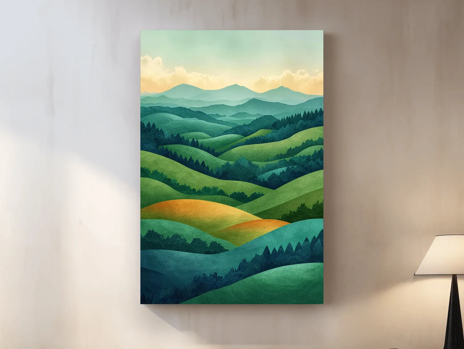 Layered Emerald Rolling Hills Landscape - Serene Scandinavian Nature Wall Art