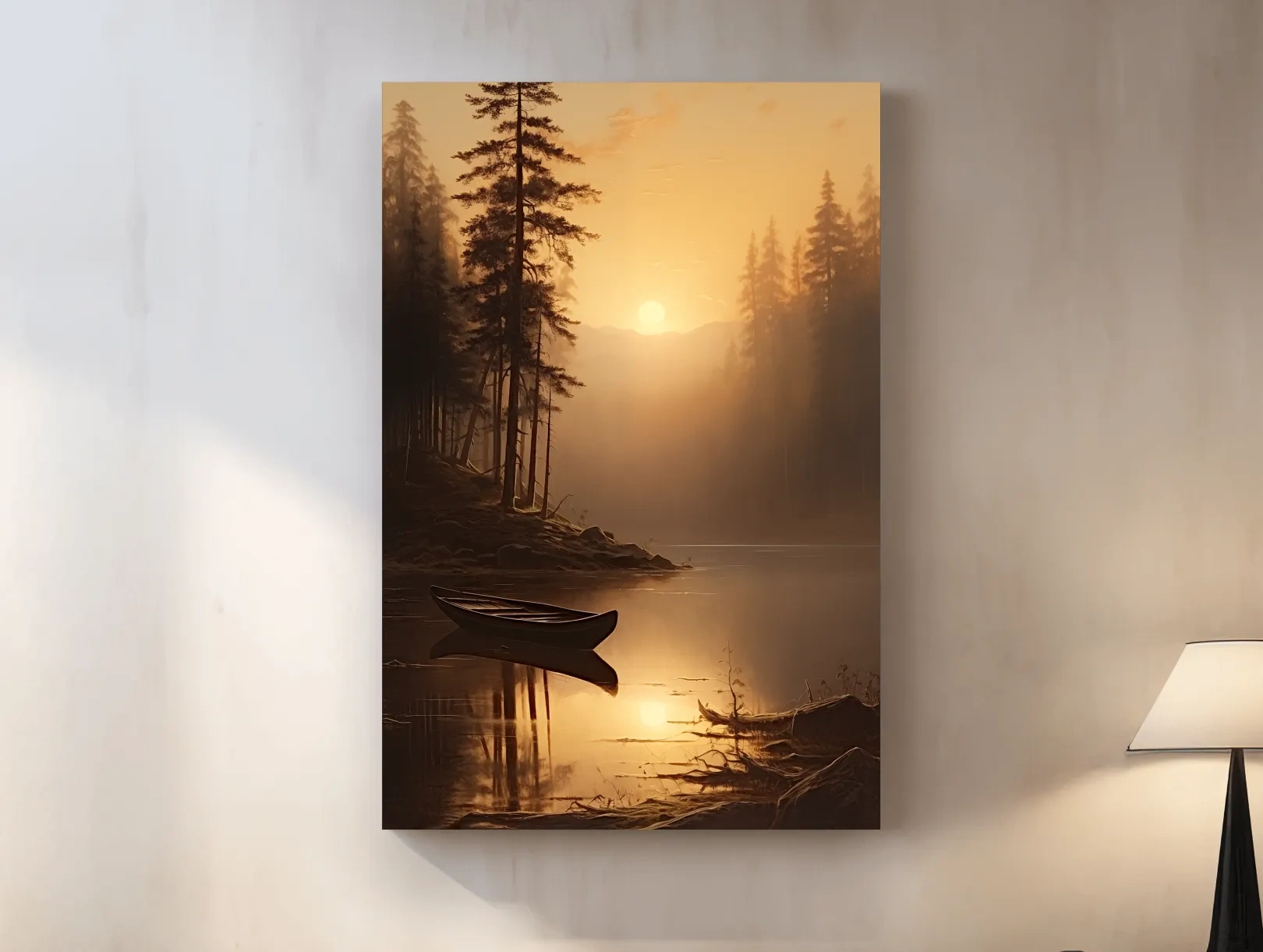 Misty Golden Lake Sunrise With Canoe - Serene Pine Forest Mountain Landscape Wall Art