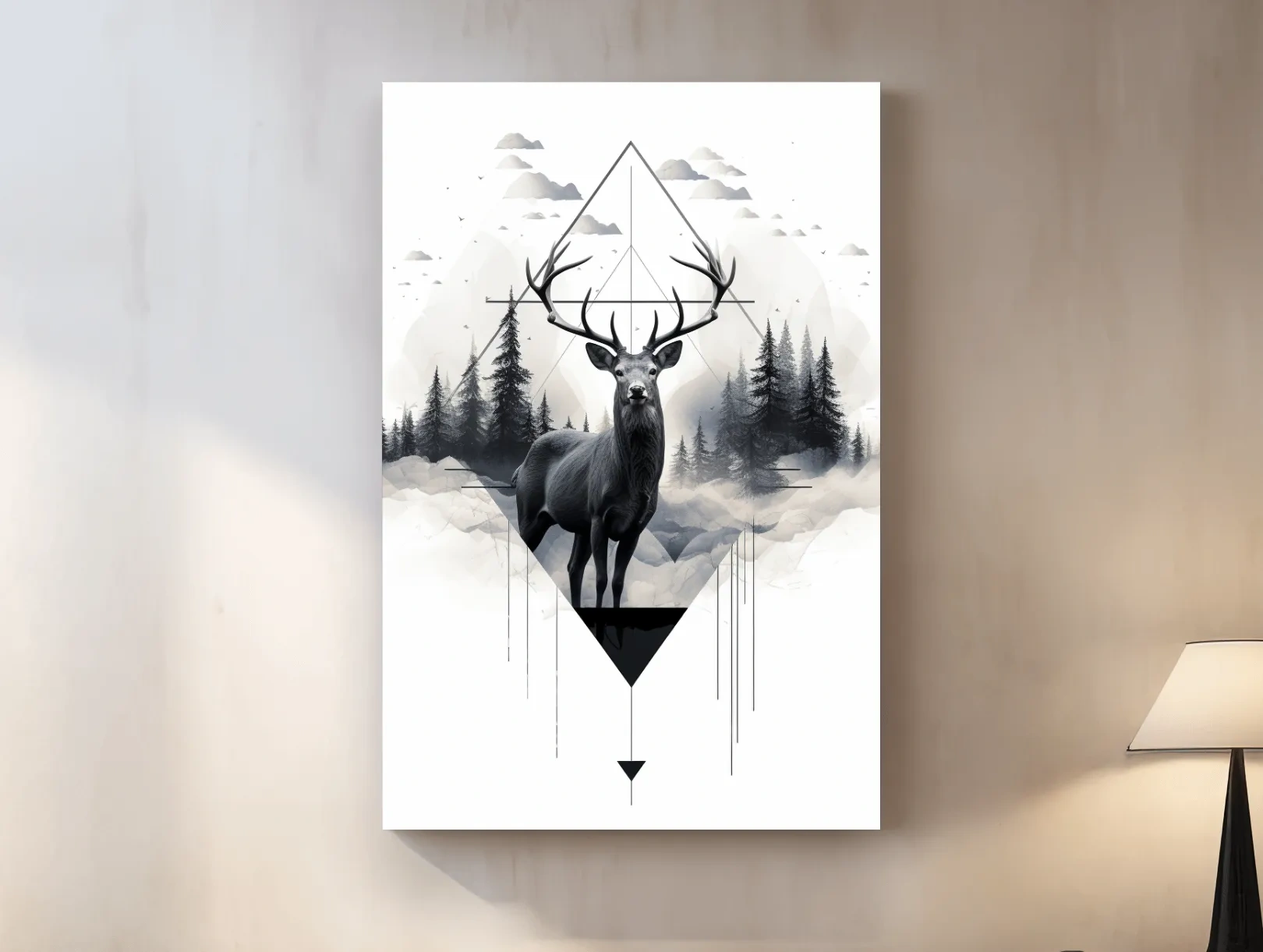 Geometric Monochrome Stag In Misty Pines - Tattoo Inspired Wildlife Wall Art