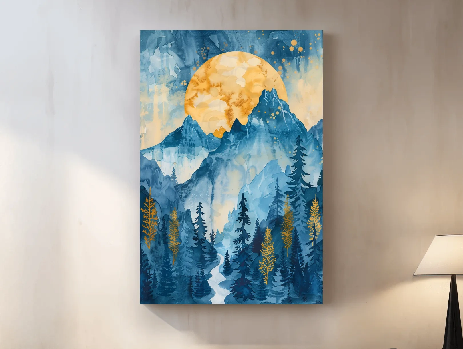 Alpine Sunset Watercolor Painting - Mountain Forest Landscape Wall Art