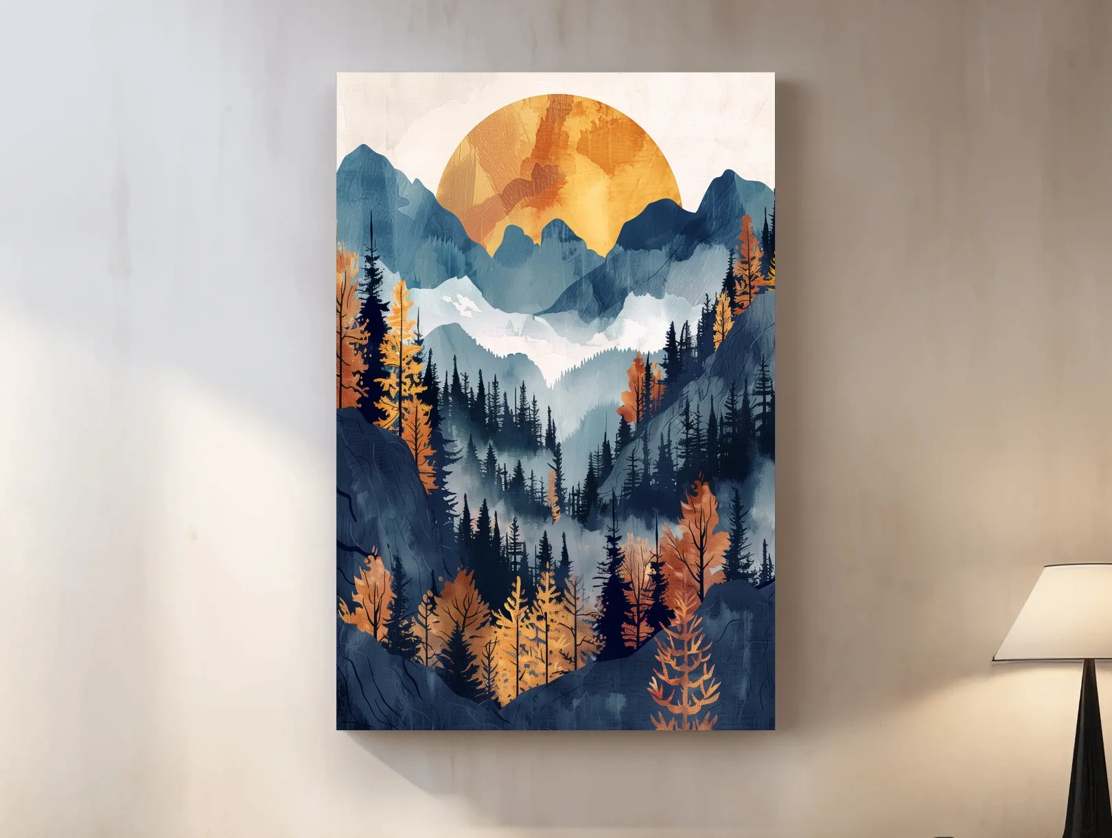 Foggy Autumn Alpine Forest Sunset - Modern Watercolor Mountain Wall Art