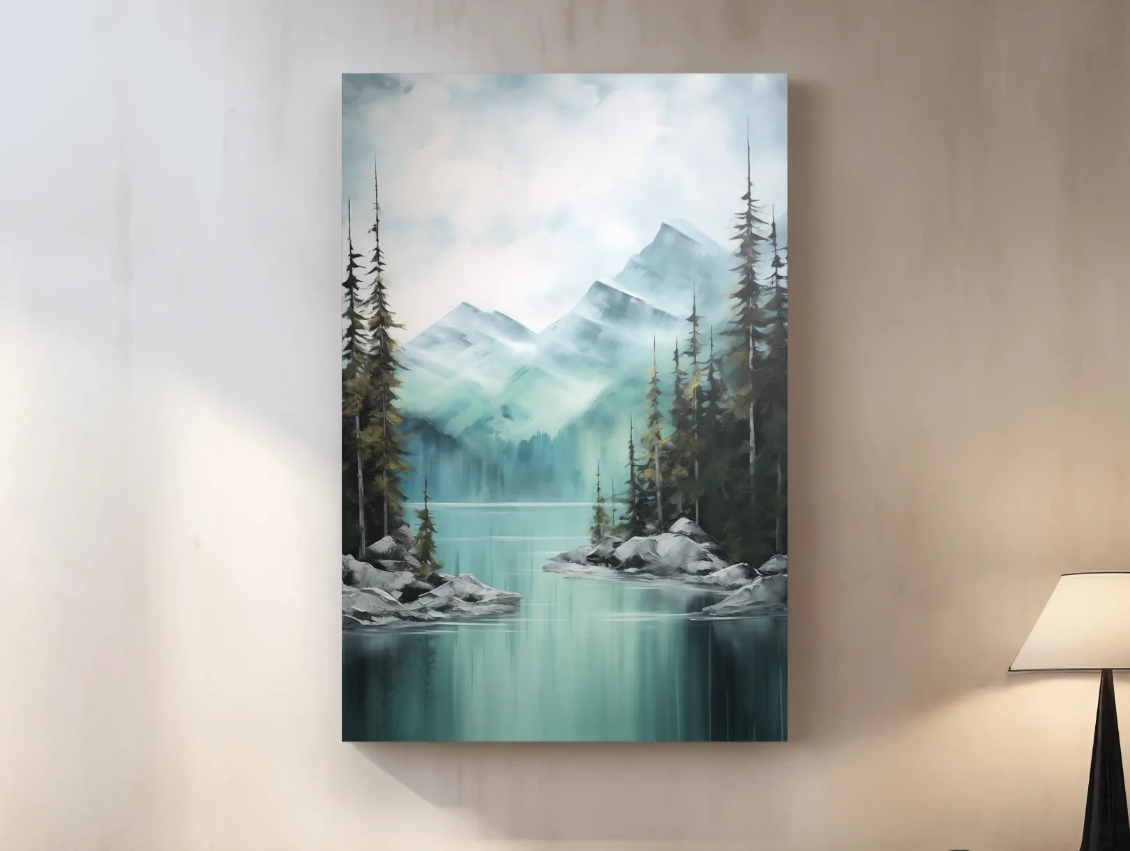 Misty Turquoise Mountain Lake Landscape - PNW Watercolor Forest Wall Art