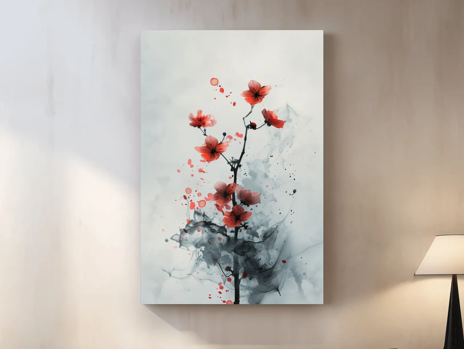 Red Cherry Blossom Ink Wash Painting - Minimalist Floral Wall Art