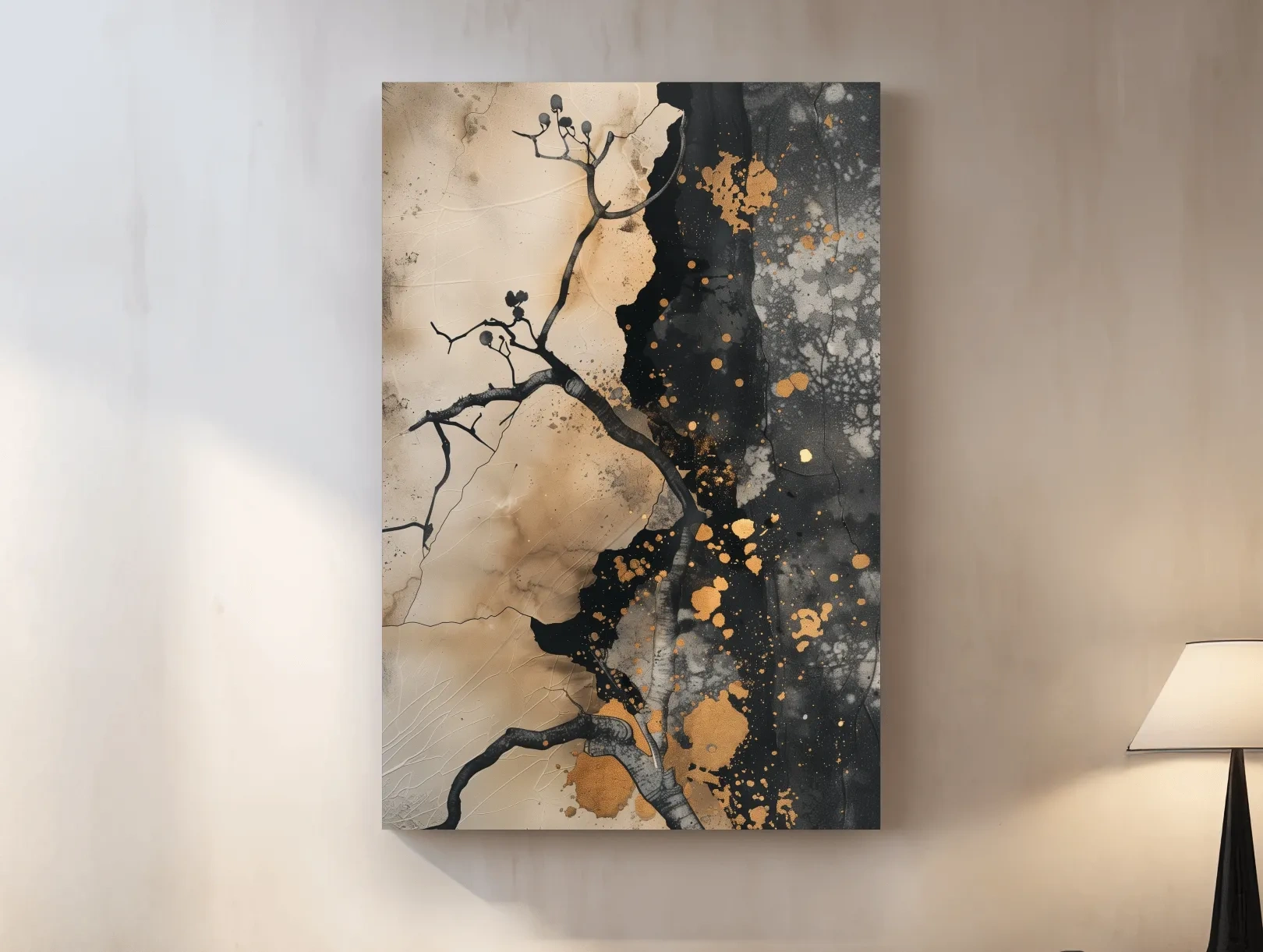 Ink Branch Silhouette With Gold Splatter - Modern Japandi Abstract Wall Art