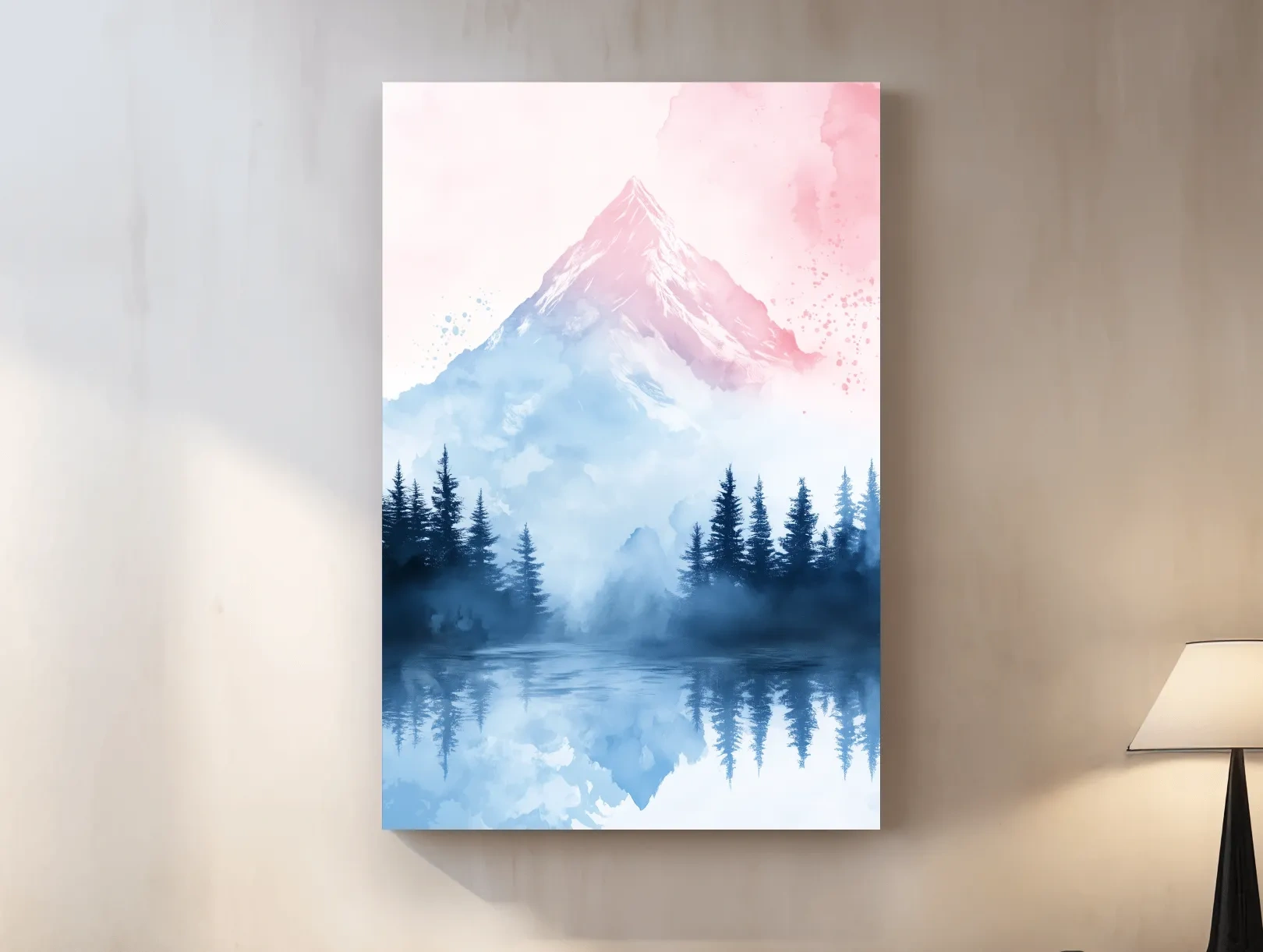 Dreamy Watercolor Alpine Lake Reflection - Pastel Forest Wall Art
