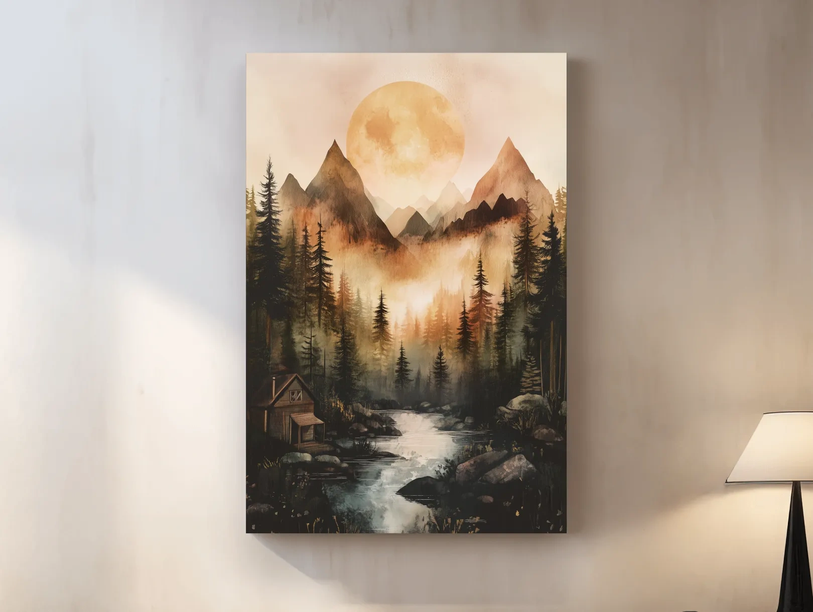 Misty Mountain River Cabin Watercolor - Rustic Forest Wall Art