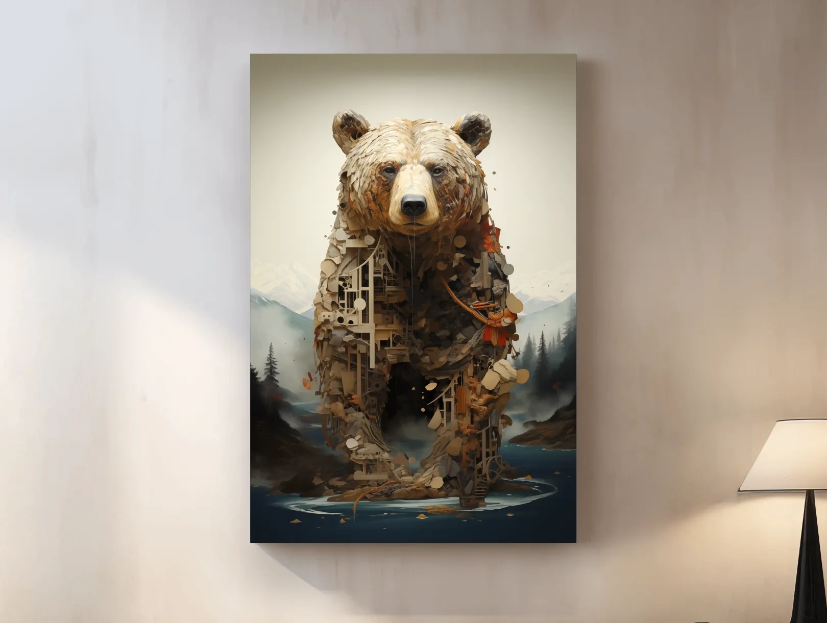 Surreal Grizzly Bear Collage Illustration - MC Escher Style Wildlife Wall Art