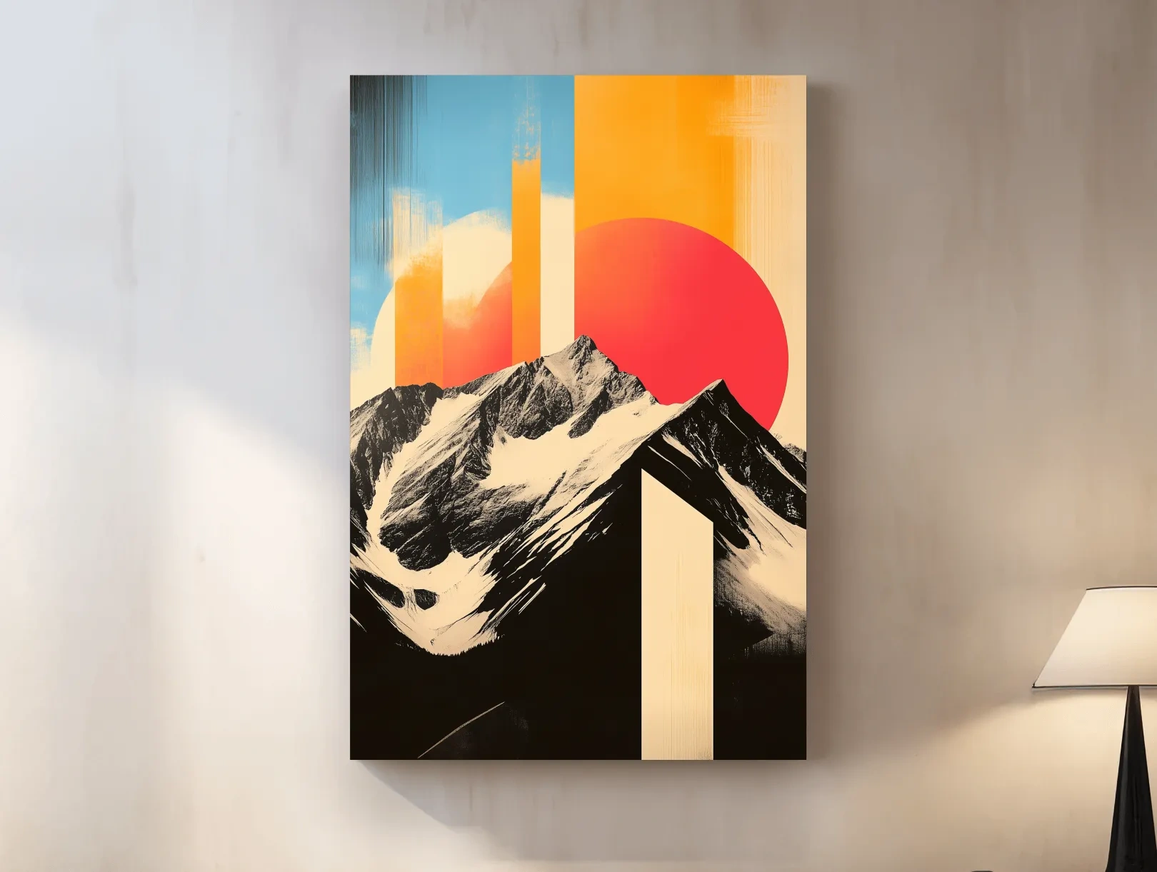 Retro Snowcapped Mountain Sunset Collage - Modern Geometric Landscape Wall Art