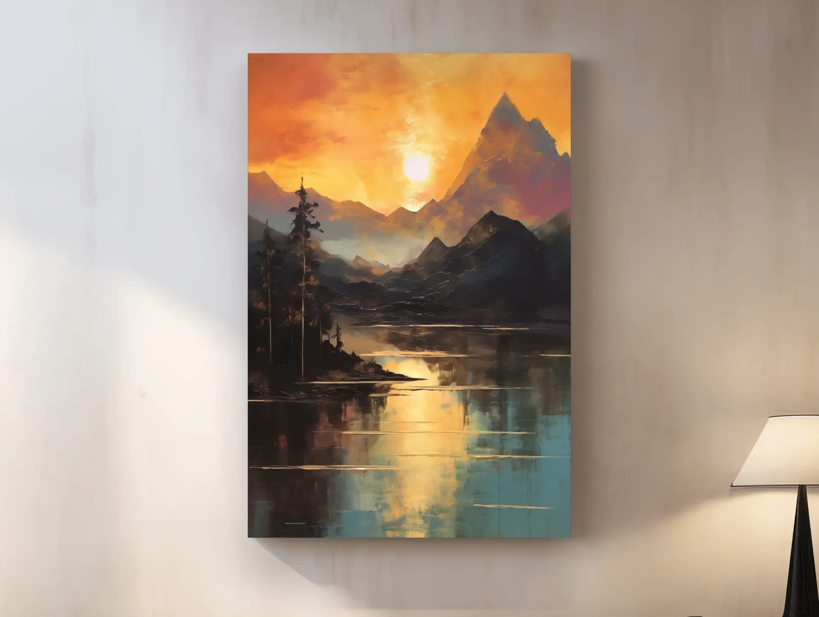 Golden Sunset Alpine Lake Reflection - Mountain Oil Painting Wall Art