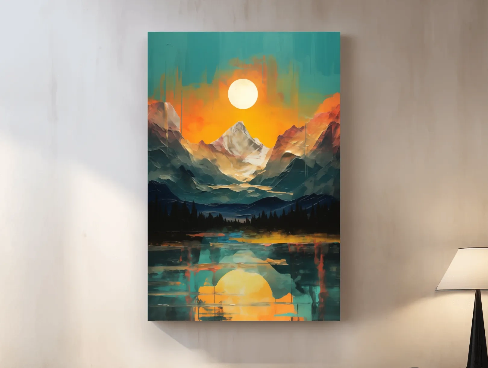 Vibrant Abstract Mountain Lake Sunset - Colorful Landscape Wall Art
