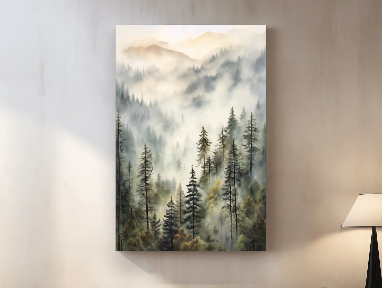 Misty Pine Forest Mountains Watercolor - Serene Foggy Landscape Wall Art