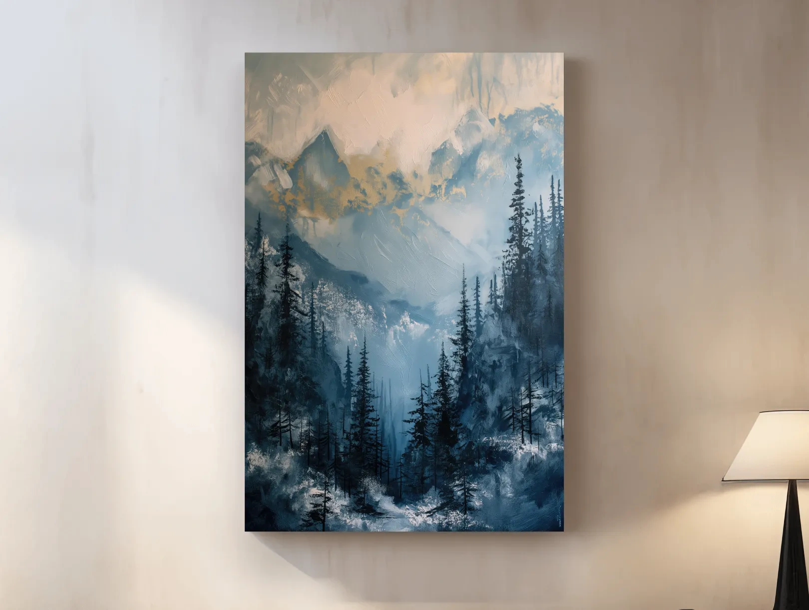 Moody Misty Blue Mountain Forest Painting - Alpine Landscape Wall Art