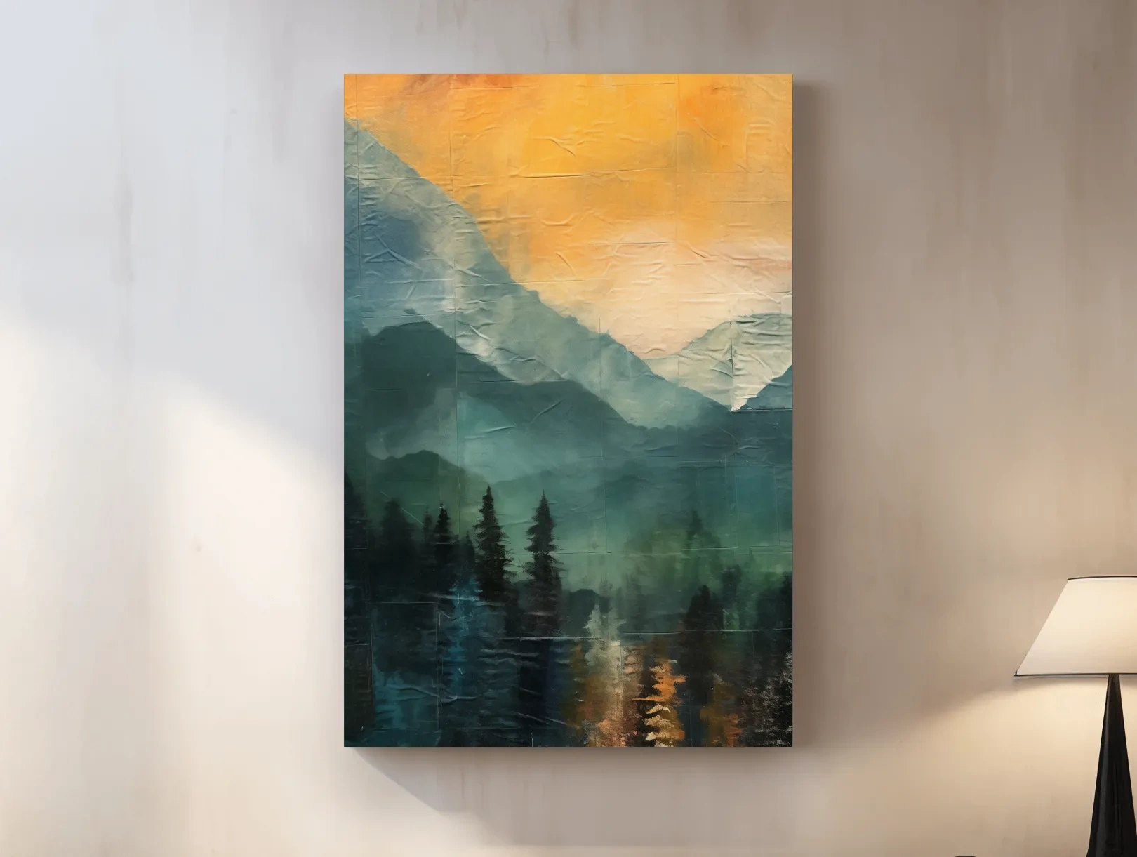 Rustic textured style art, mountains at sunset