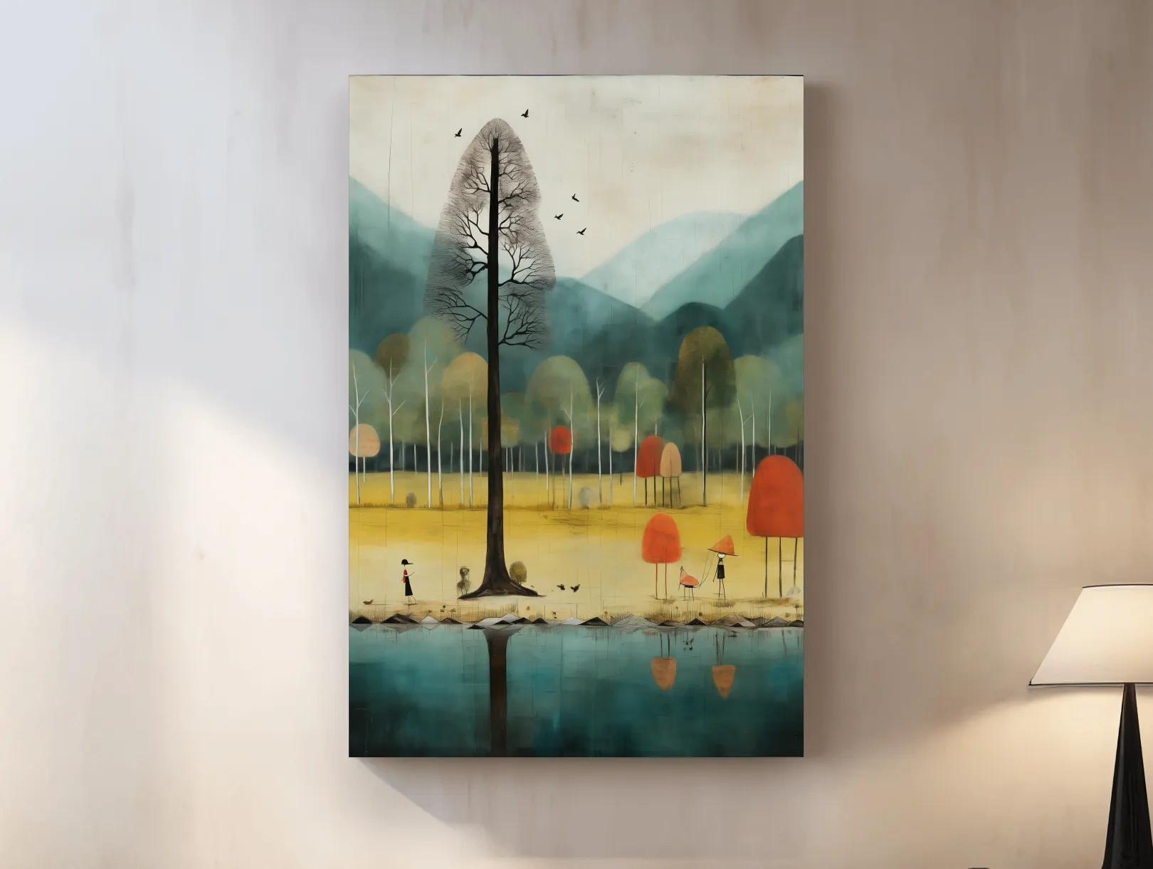 Whimsical Autumn Forest Lake Landscape - Quirky Nature Wall Art