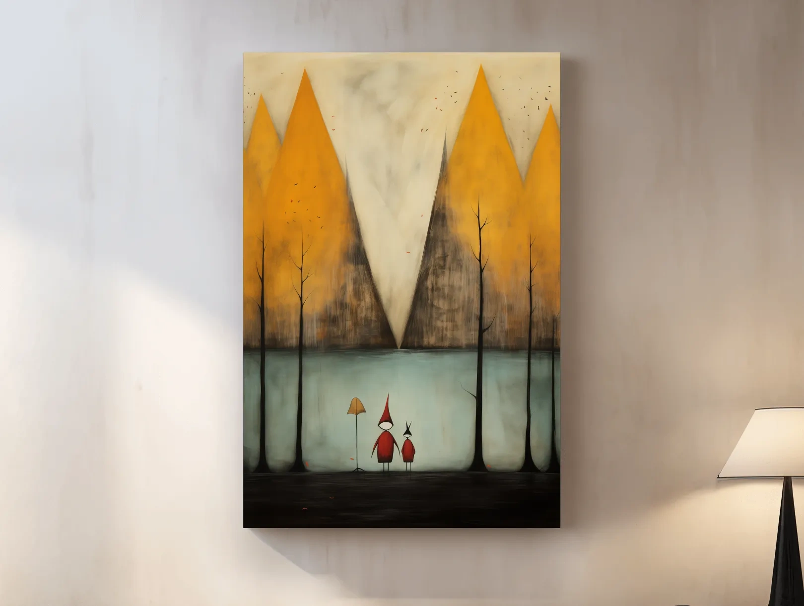 Whimsical Mountain Lake Scene Painting - Storybook Landscape Wall Art
