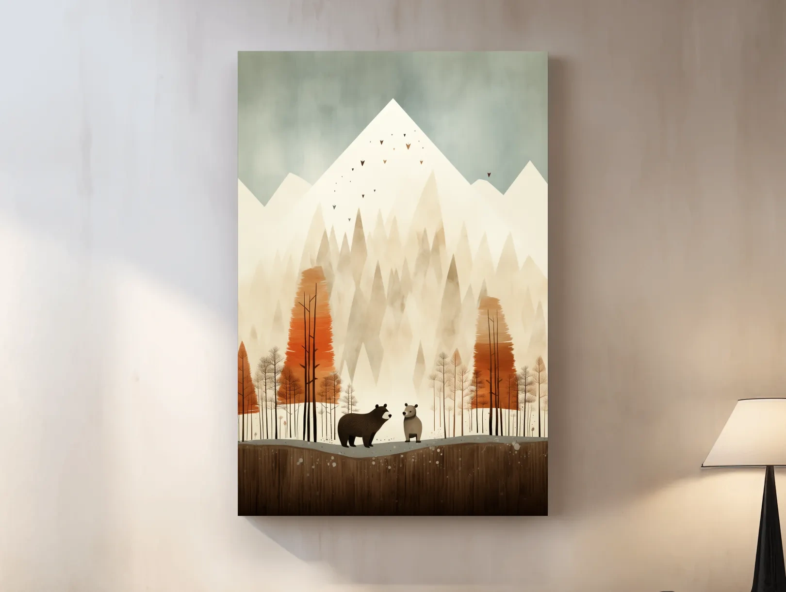 Whimsical Bear Family Autumn Forest Illustration - Nursery Woodland Wall Art