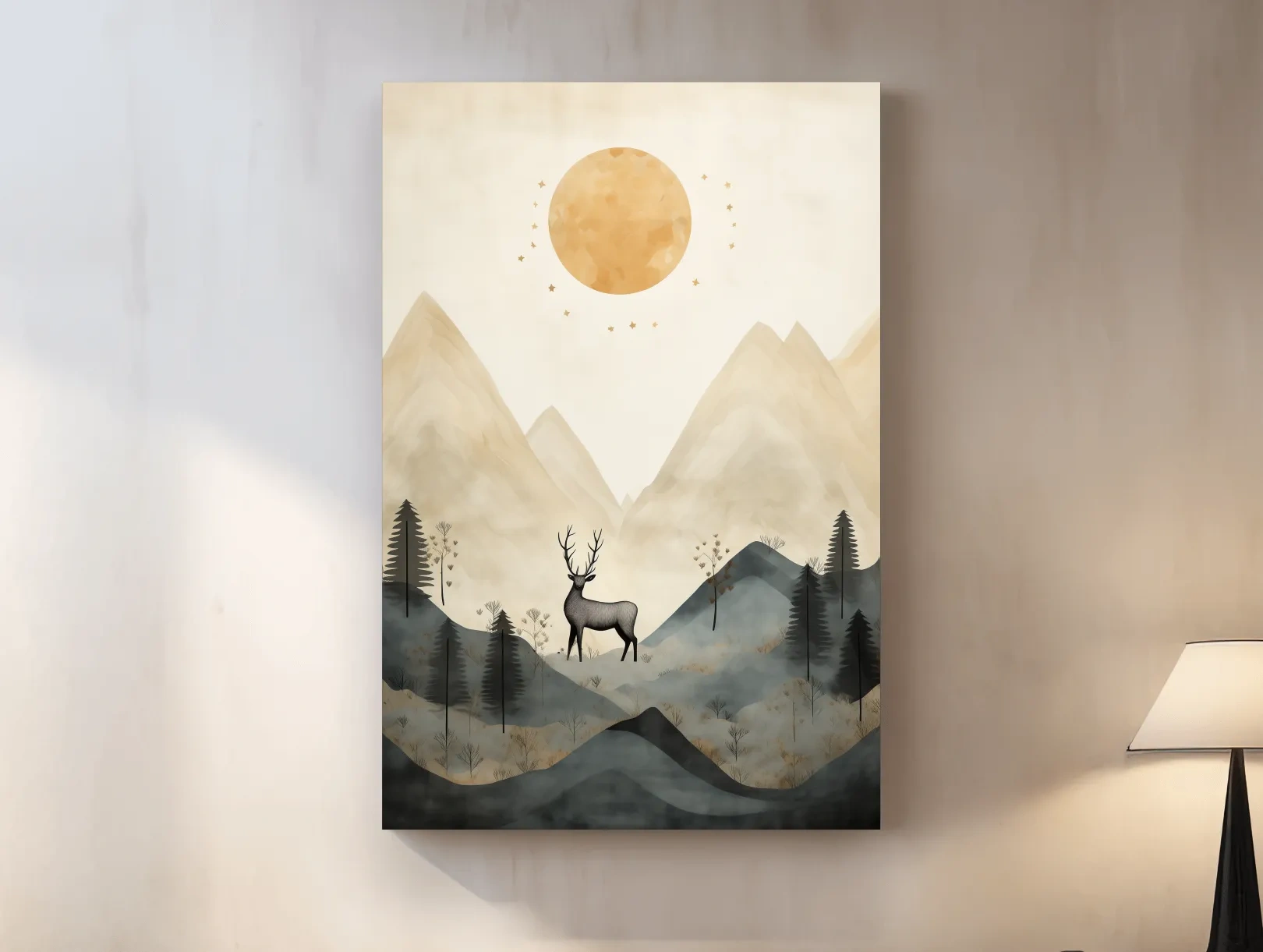 Deer standing in the forest under the night sky, quirky illustration art