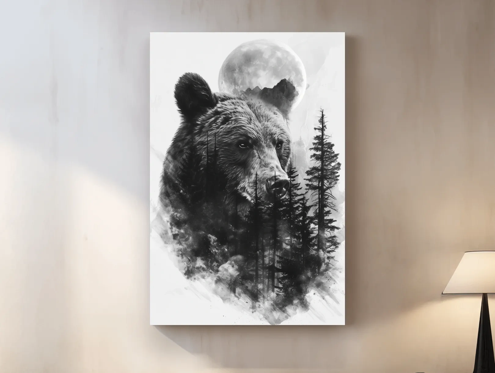 Grizzly Bear Moon Forest Drawing - Black And White Double Exposure Wildlife Wall Art