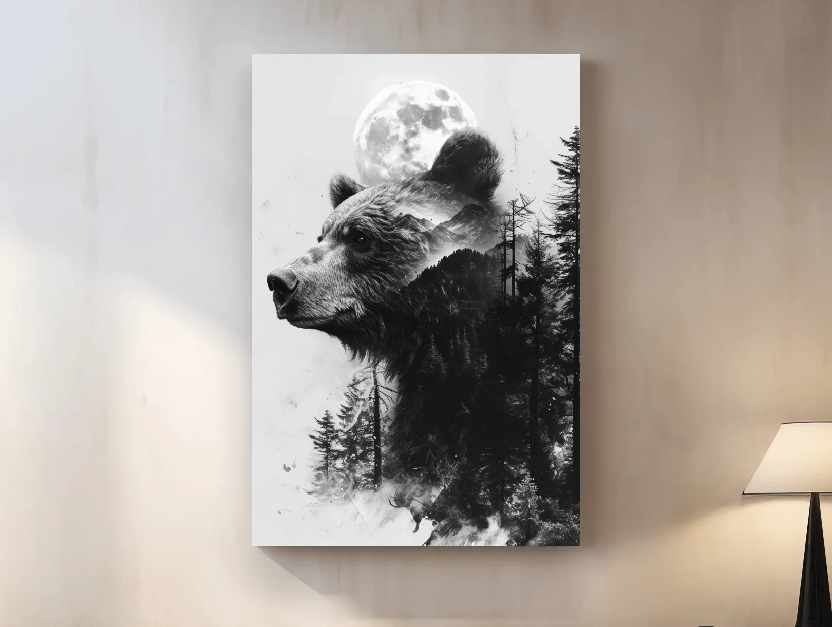 Grizzly Bear Double Exposure Drawing - Moonlit Pine Forest Wildlife Wall Art