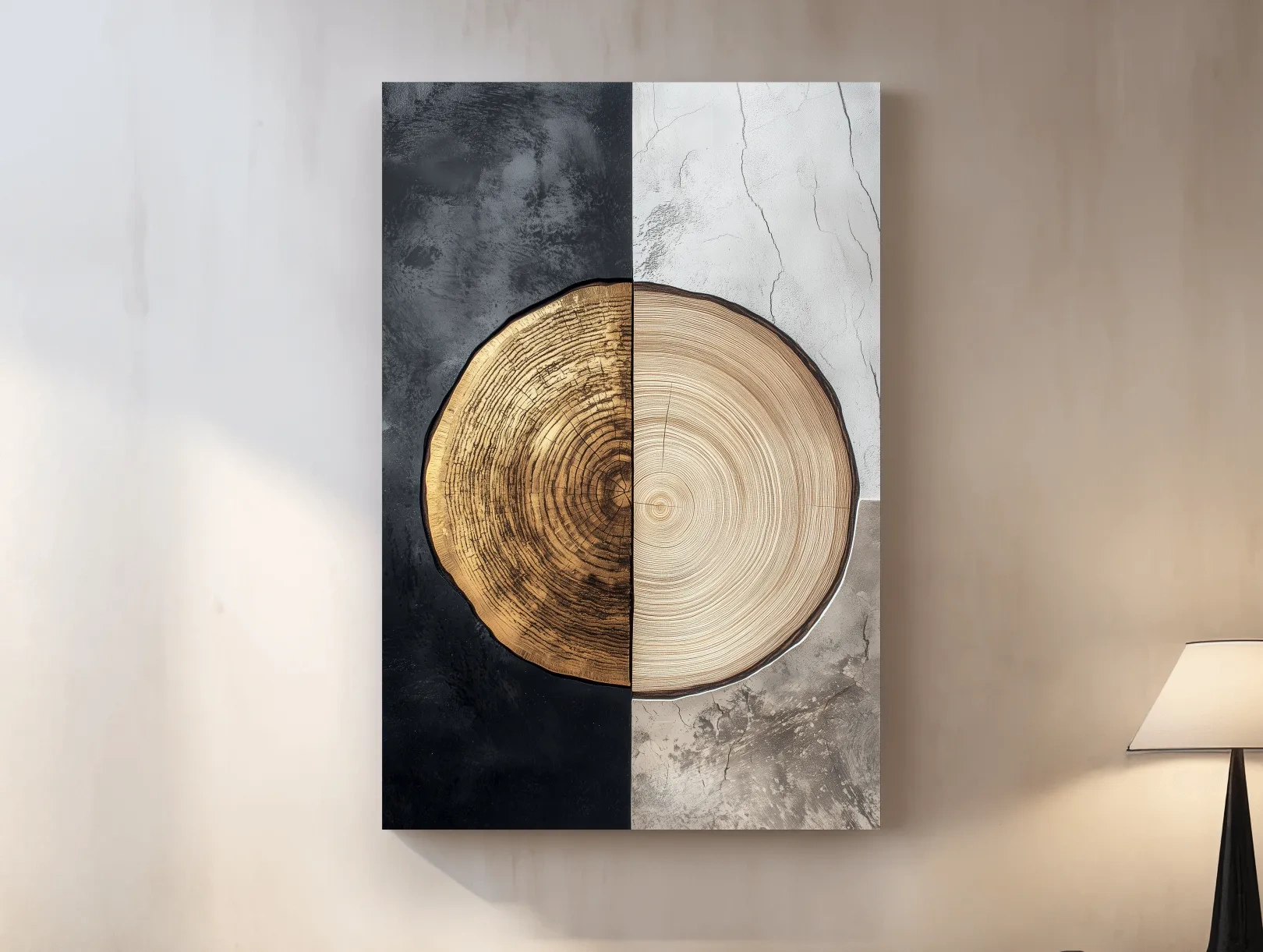 Split Marble And Charcoal Wood Slice - Modern Rustic Tree Ring Wall Art