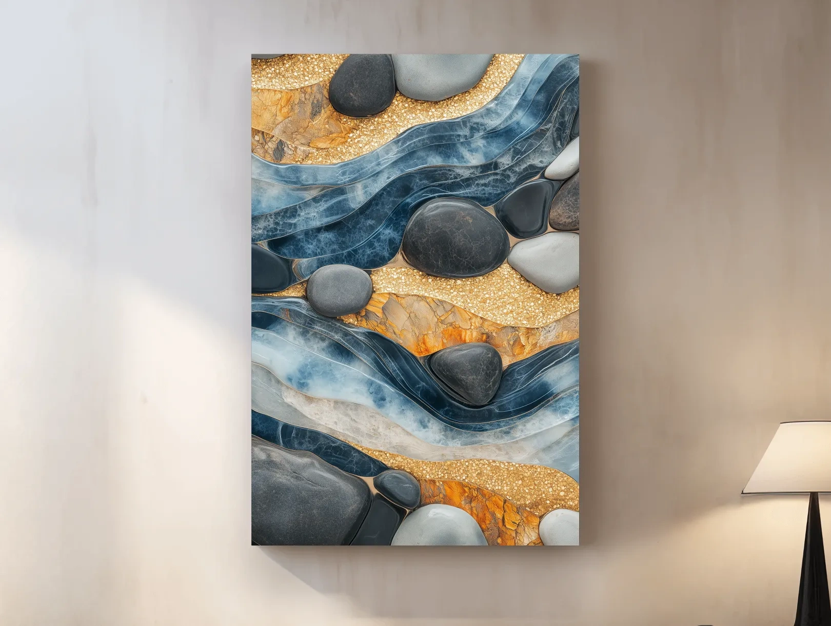 Abstract Blue River Stone Mosaic - Modern Pebble Texture Wall Art