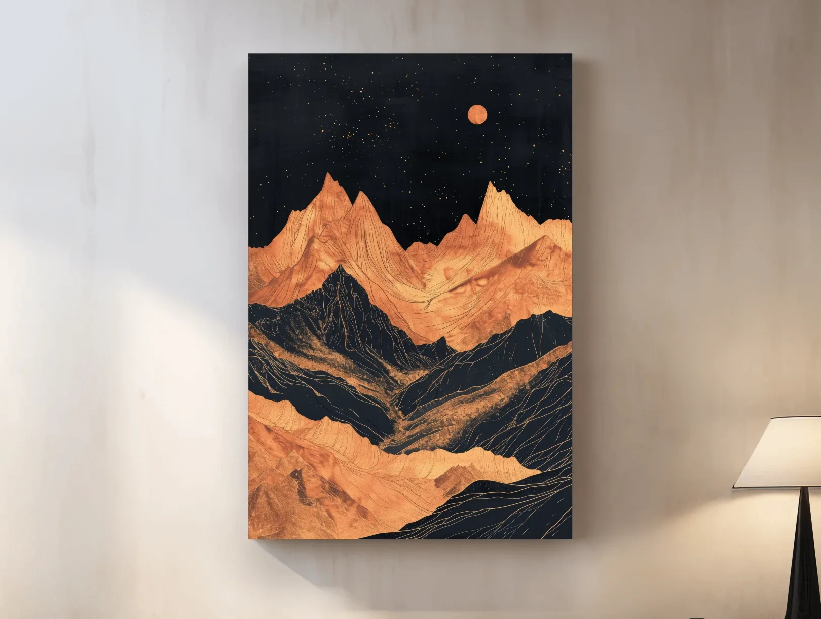 Moonlit elegant mountain artwork, metallic block print effect