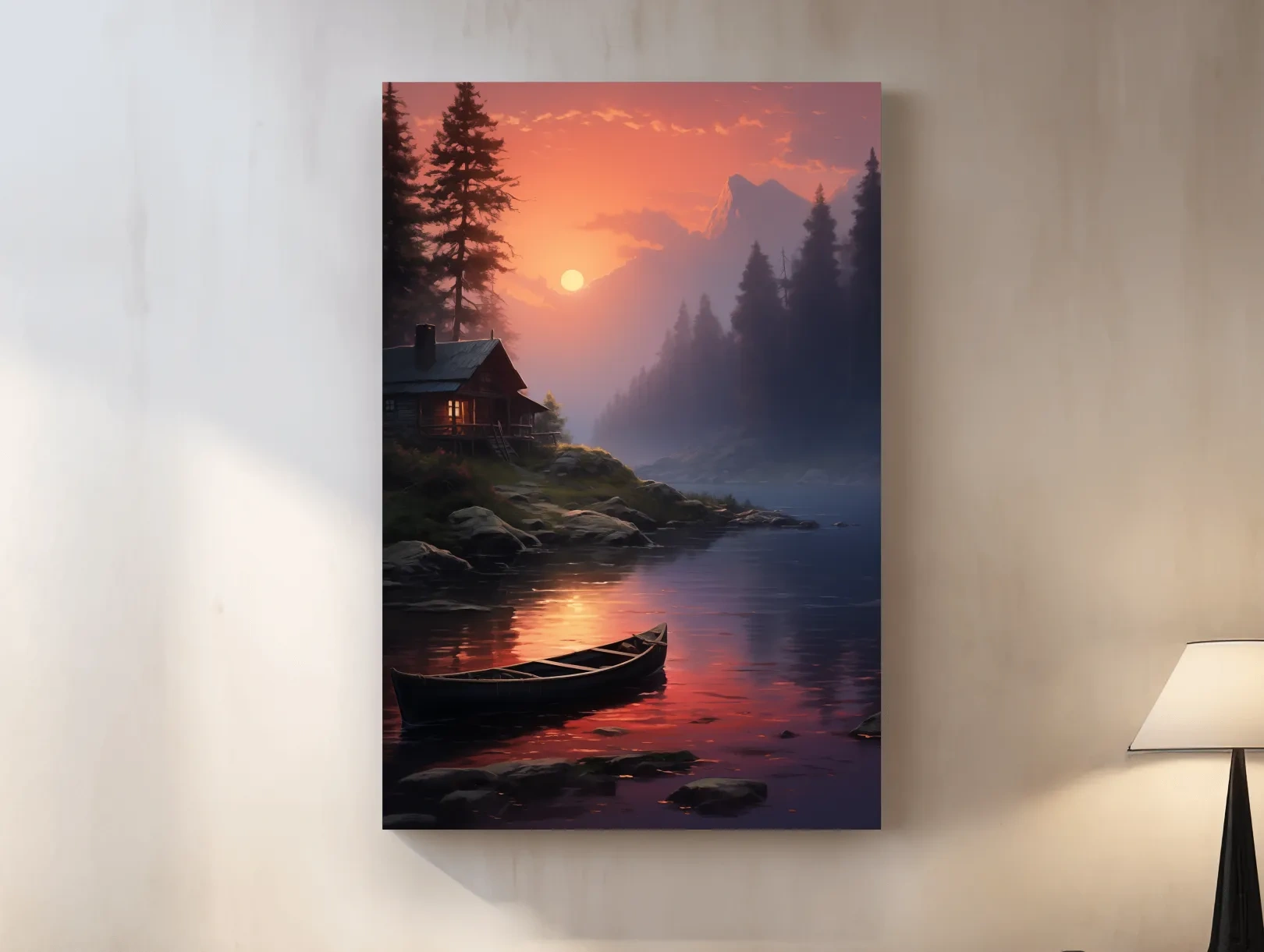 Lakeside Cabin Sunset Landscape - Cinematic Mountain Lake Wall Art